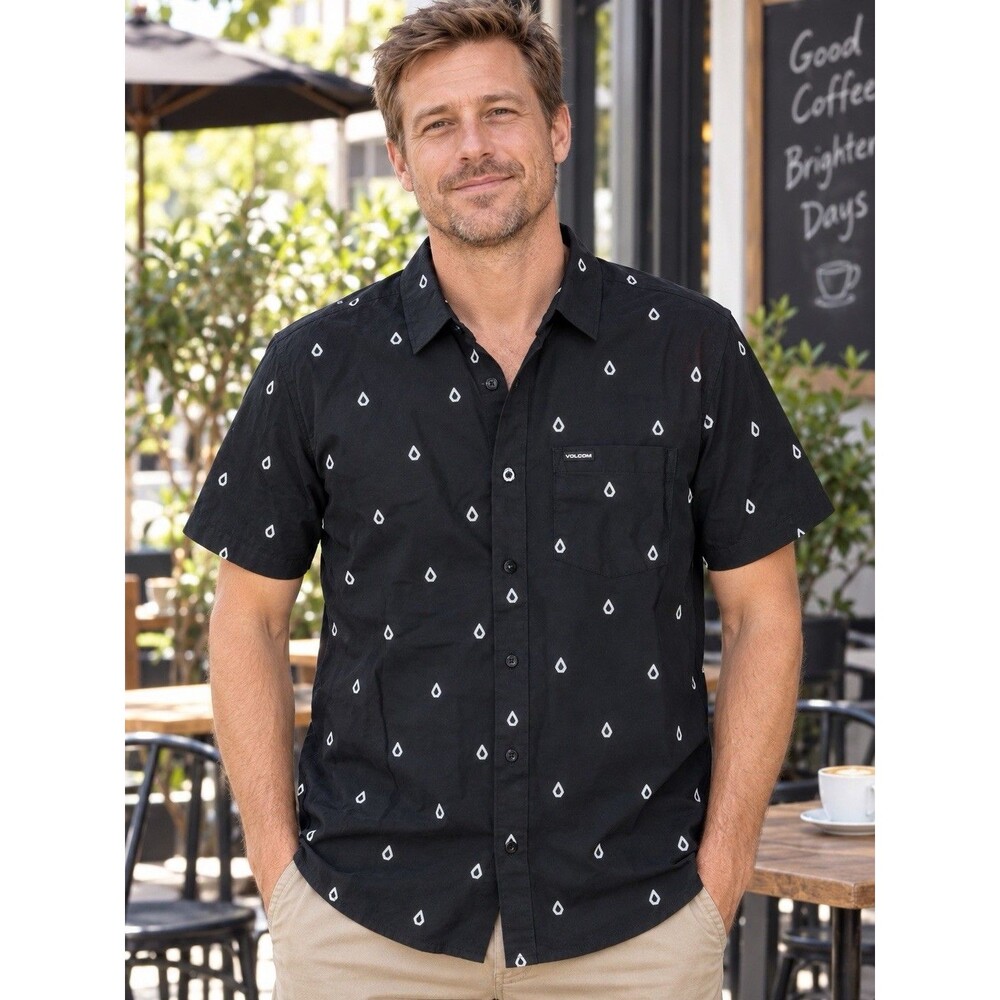Volcom Mens Black Stone Logo Short Sleeve Button Up Shirt Small Surf Skate Top